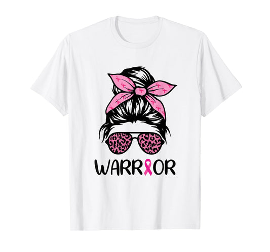 Warrior Breast Cancer Awareness Messy Bun Leopard Pink T-Shirt