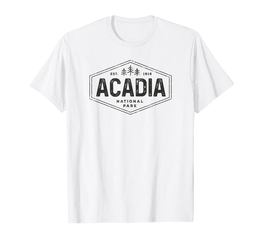 Acadia National Park Shirt Vintage Tree Hexagon Badge Hiking T-Shirt