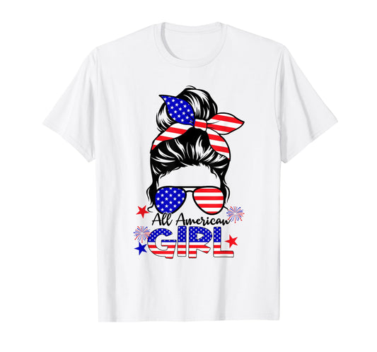 4th of July All American Girls Messy Bun T-Shirt