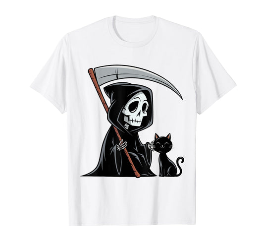 Funny Grim Reaper Black Cat Lovers Spooky Halloween Cats Men Women T-Shirt