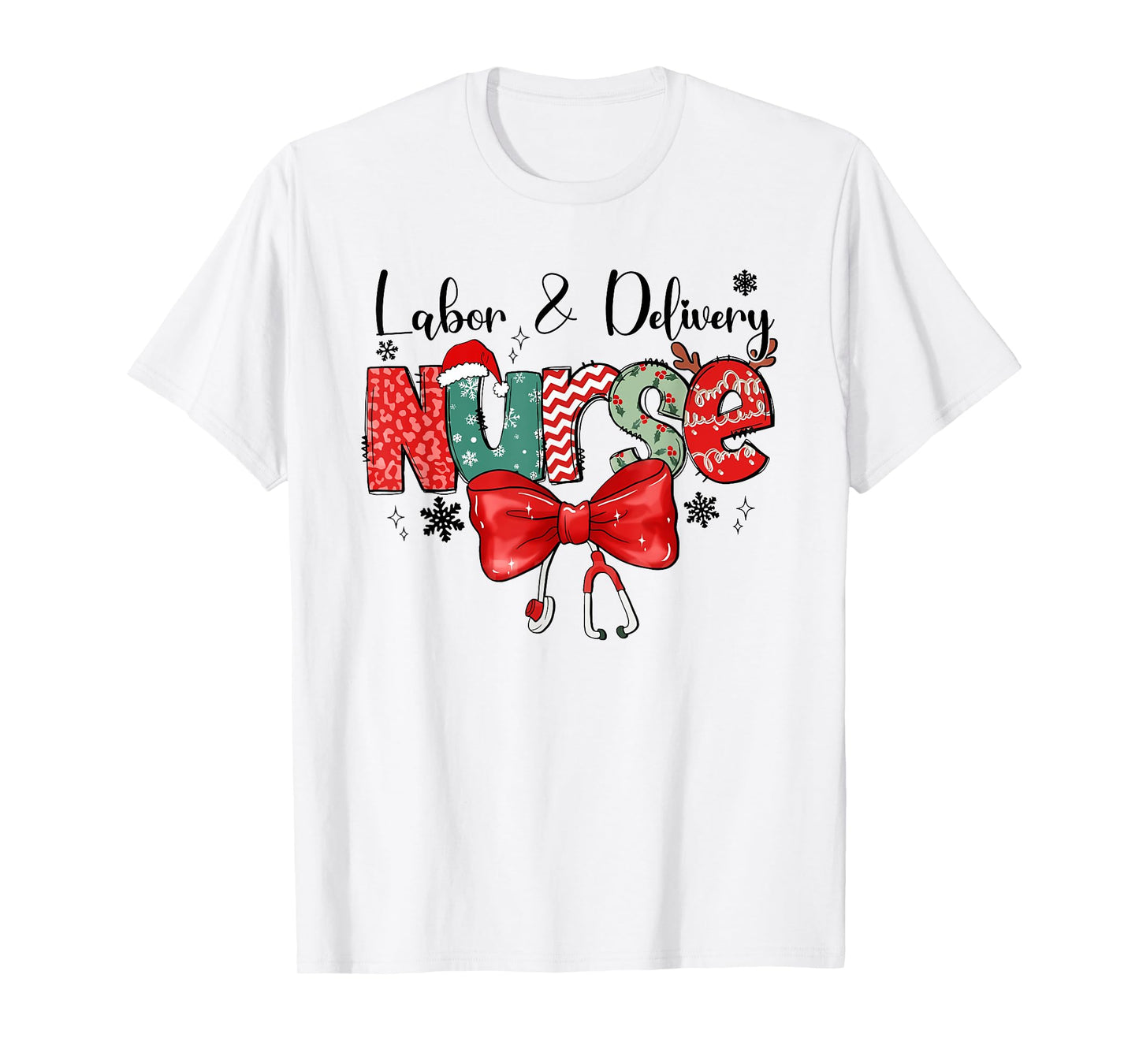 Labor & Delivery Nurse Stethoscope & Bow L&D Nurse Christmas T-Shirt