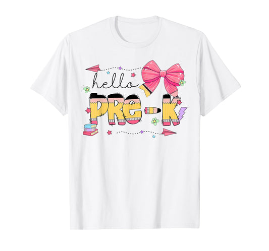Back To School Hello Pre-k Teacher Coquette Pencil Bow T-Shirt
