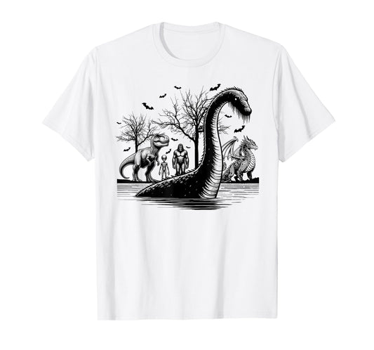 Halloween party bigfoot alien meet loch Ness dragon spooky T-Shirt