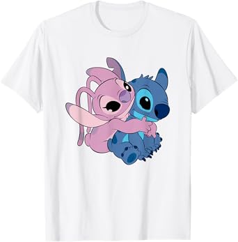 Disney Lilo & Stitch Cute Angel & Stitch Hugging Chest Logo T-Shirt