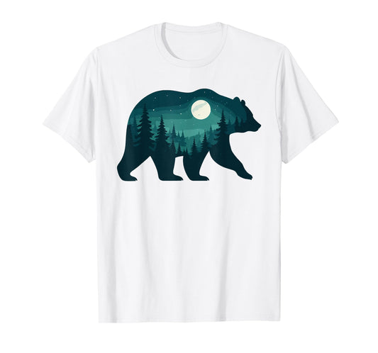 Bear Silhouette Forest Scene Under Full Moon Graphic T-Shirt