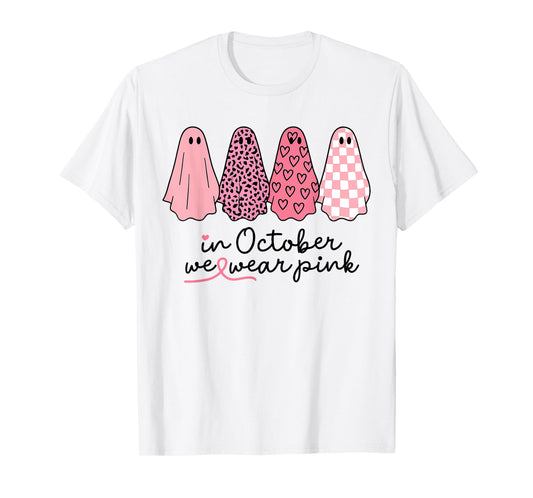 Breast Cancer Ghost in October We Wear Pink Halloween Spooky T-Shirt