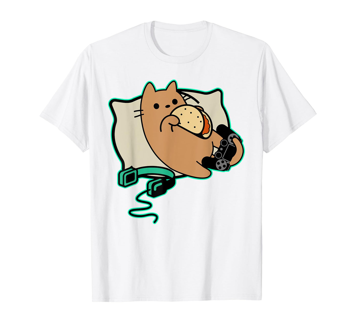 Nerdy Gamer Cat Eating Tacos Game Paused T-Shirt