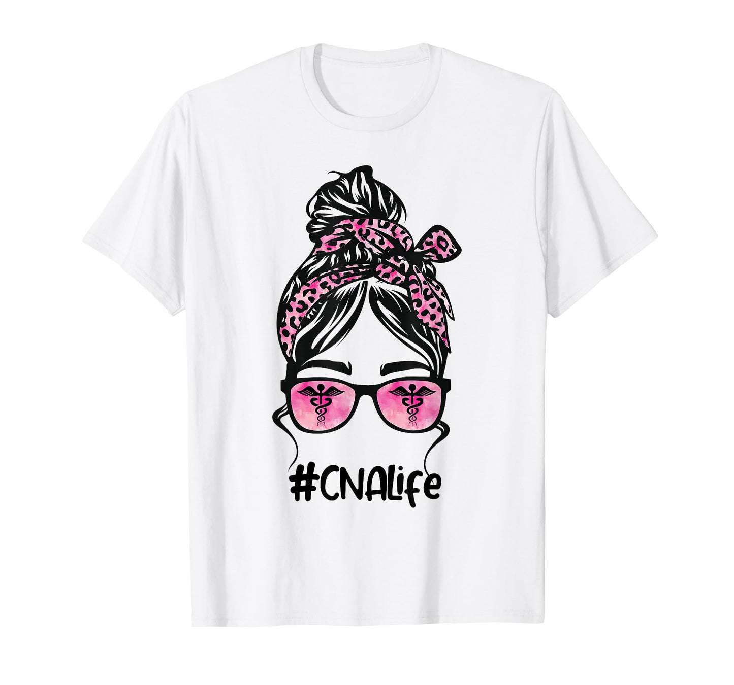 CNA Nurse Life Bleached Pink Leopard Messy Bun T-Shirt