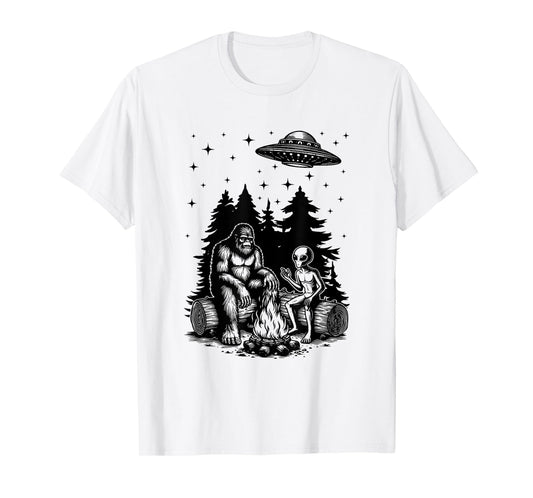 Alien And Bigfoot Campfire Sasquatch UFO For Outdoor Lovers T-Shirt