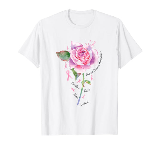 Breast Cancer Shirt Pink Ribbon Rose Fearless Faith Hope T-Shirt
