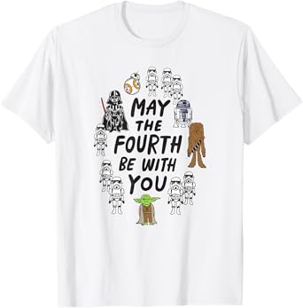 Amazon Essentials Boys' May the Fourth Be With You Doodle Characters T-Shirt, White, Small