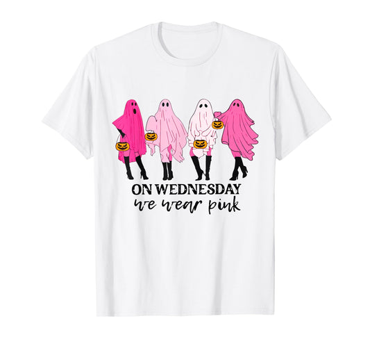 On Wednesday We Wear Pink Ghost Halloween Breast Cancer T-Shirt