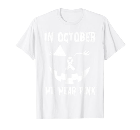 In October We Wear Pink Breast Cancer Jackolantern Halloween T-Shirt