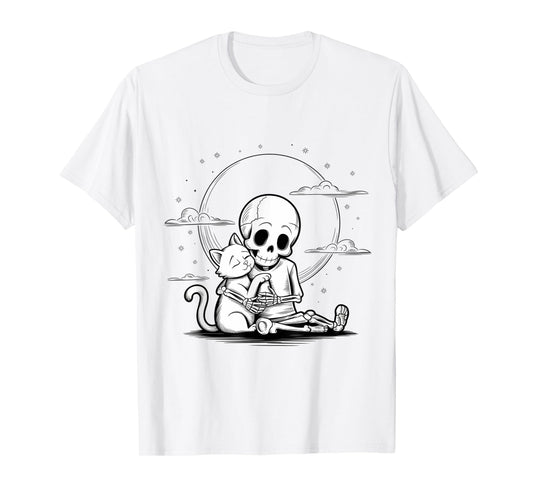 Cute Skeleton Hugging Cat Halloween T-Shirt