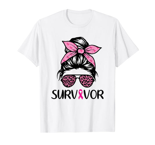 Survivor Breast Cancer Awareness Shirt Messy Bun Pink T-Shirt
