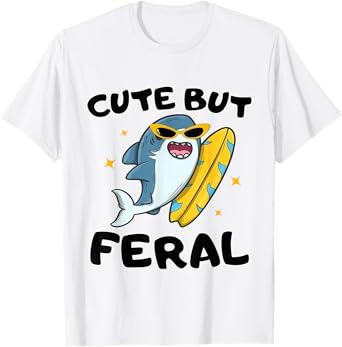 Cute But Feral Funny Colorful shark With Sunglasses shark T-Shirt