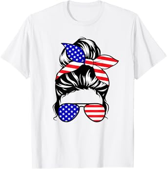 4th of July Shirt Daughter Messy Bun Cute American USA Girls T-Shirt