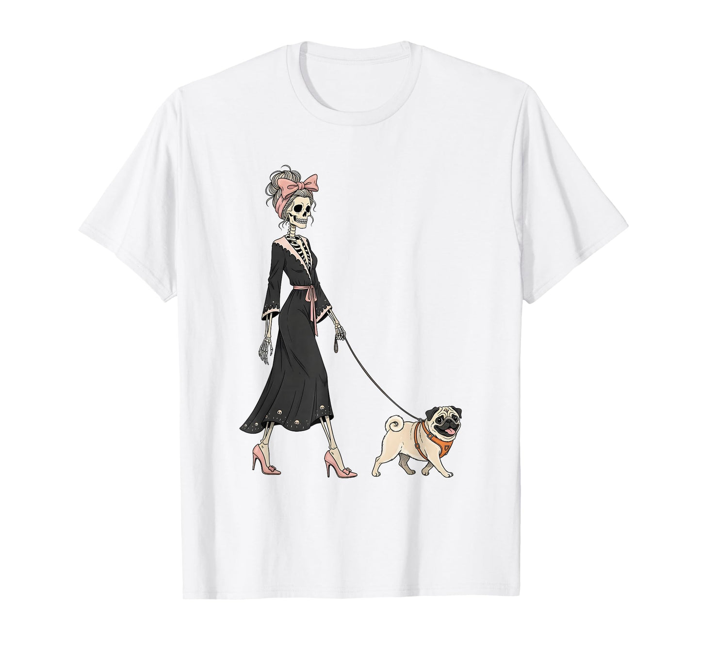 Skeleton Pug Walking Halloween Women T-Shirt