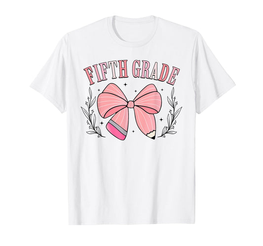 5th Grade Teacher Pencil Coquette Bow Back To School Teacher T-Shirt for Men Women Girls Kids