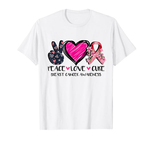 Peace Love Cure Breast Cancer Awareness Pink Ribbon Flower T-Shirt