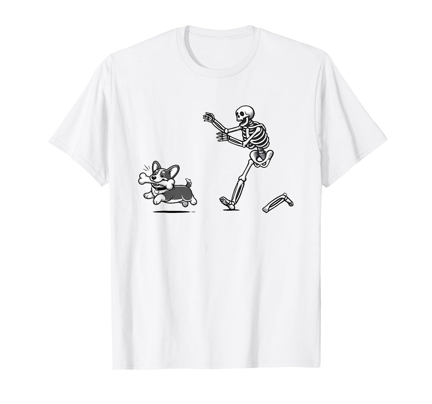 Funny Halloween Corgi Skeleton Chasing Dog T-Shirt
