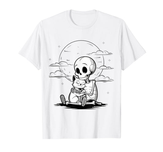 Cute Skeleton Hugging Cat Halloween T-Shirt