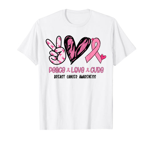 Breast Cancer Peace Love Cure In October We Wear Pink Ribbon T-Shirt