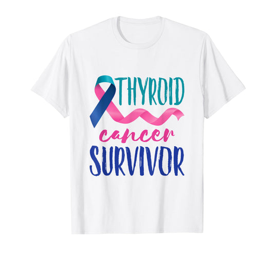 Thyroid Cancer Survivor Awareness Ribbon Teal Blue Pink T-Shirt