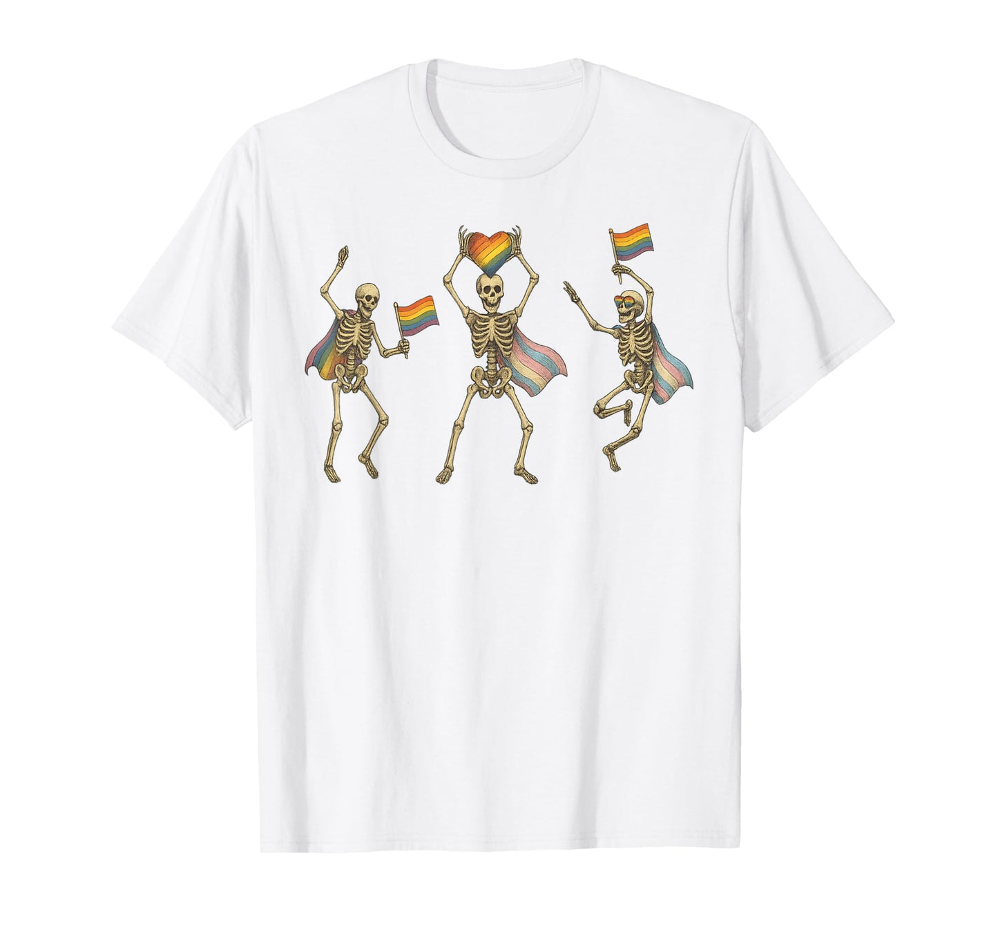 Pride Cute Spooky Skeleton Holding Rainbow Flags Retro Art T-Shirt