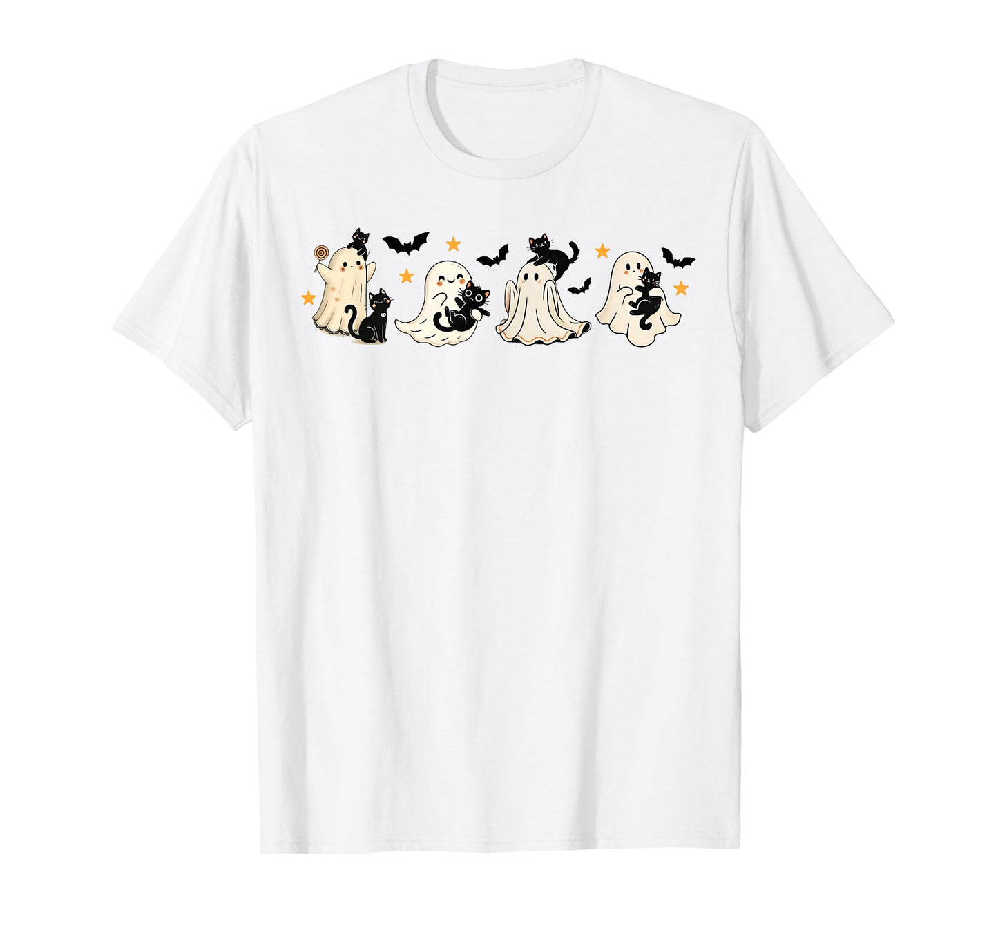 Ghost Playing with Black Cats Happy Halloween Costume Funny T-Shirt
