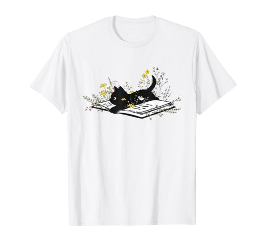 Cute Book Black Cat Book Lover Floral Teacher Life Women T-Shirt