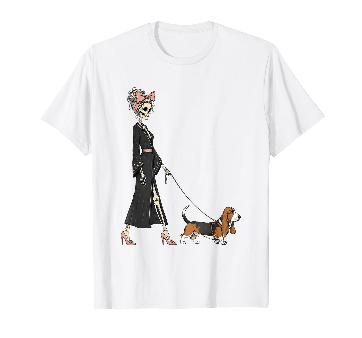 Skeleton Basset Hound Dog Walking Halloween Women T-Shirt
