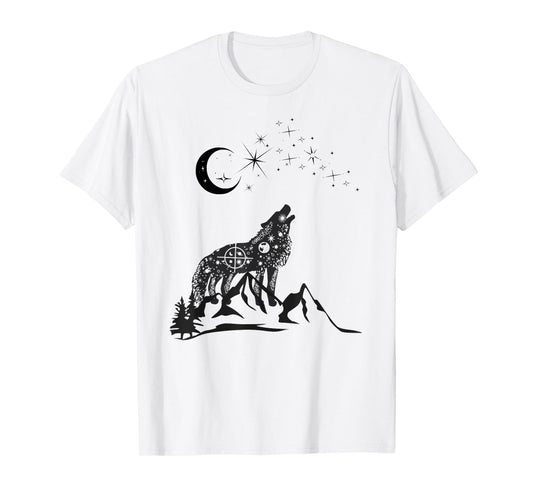 Stars Moon Astrology Wolf Mountain Landscape Black Graphic T-Shirt
