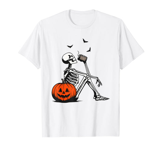 Cute Skeleton Drink Coffee Halloween Vintage T-Shirt