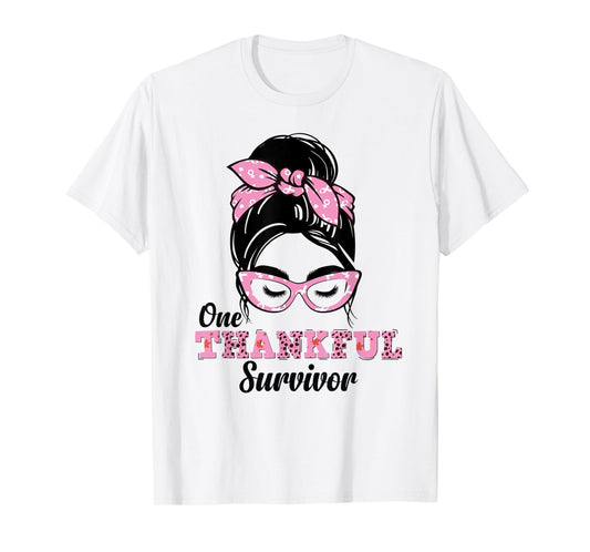 One Thankful Survivor Messy Bun Breast Cancer Awareness T-Shirt