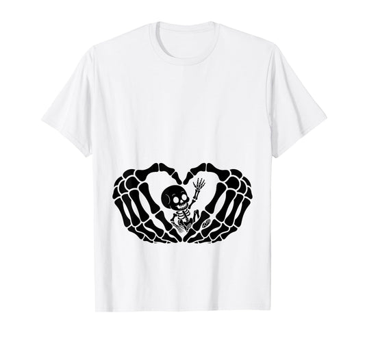 Cute Baby Skeleton in Heart Hands Halloween Pregnancy Womens T-Shirt