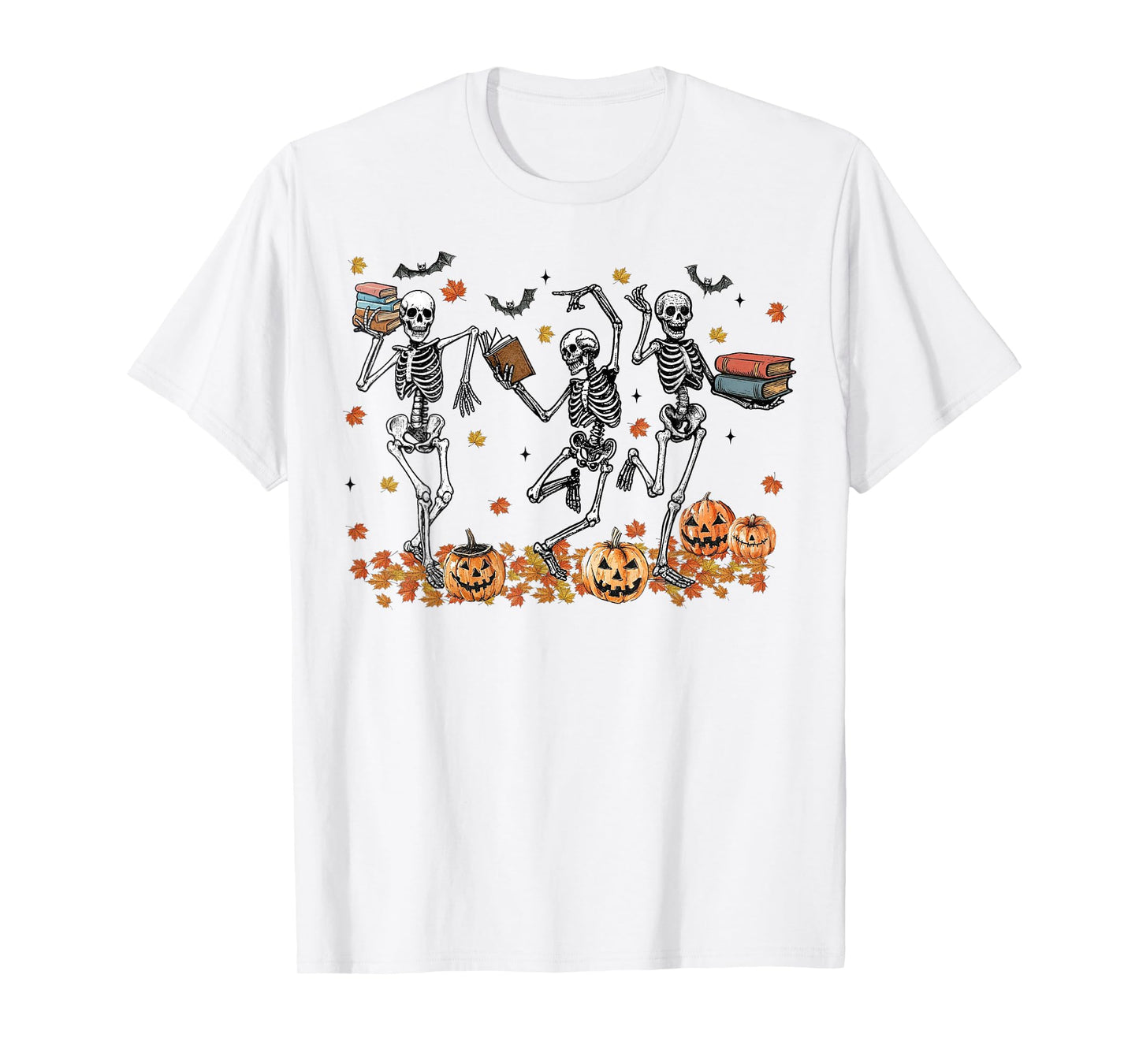 Funny Halloween Skeleton Dancing Spooky Books and Pumpkins T-Shirt
