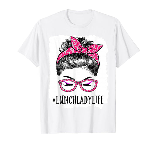 Lunch Lady In October We Wear Pink Messy Bun Cancer T-Shirt