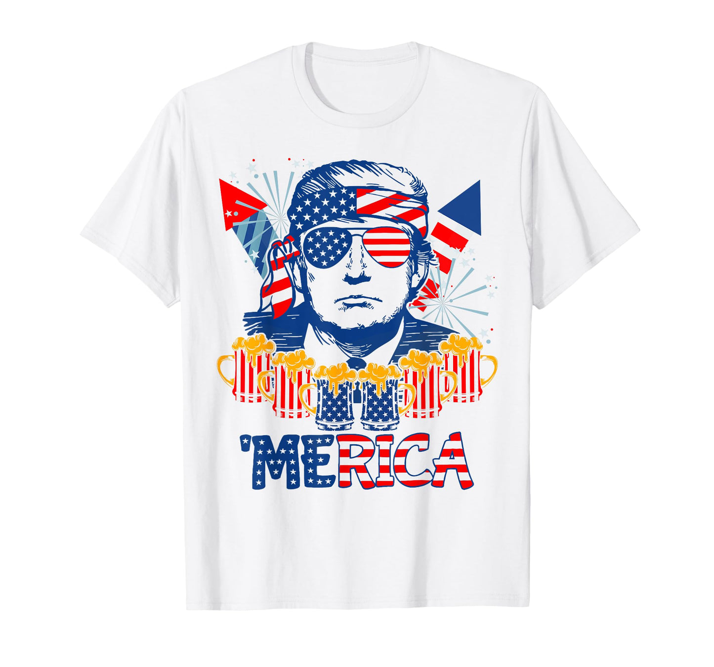 'MERICA TRUMP Drink Beer 4th Of July American Flag Fireworks T-Shirt for Women Men