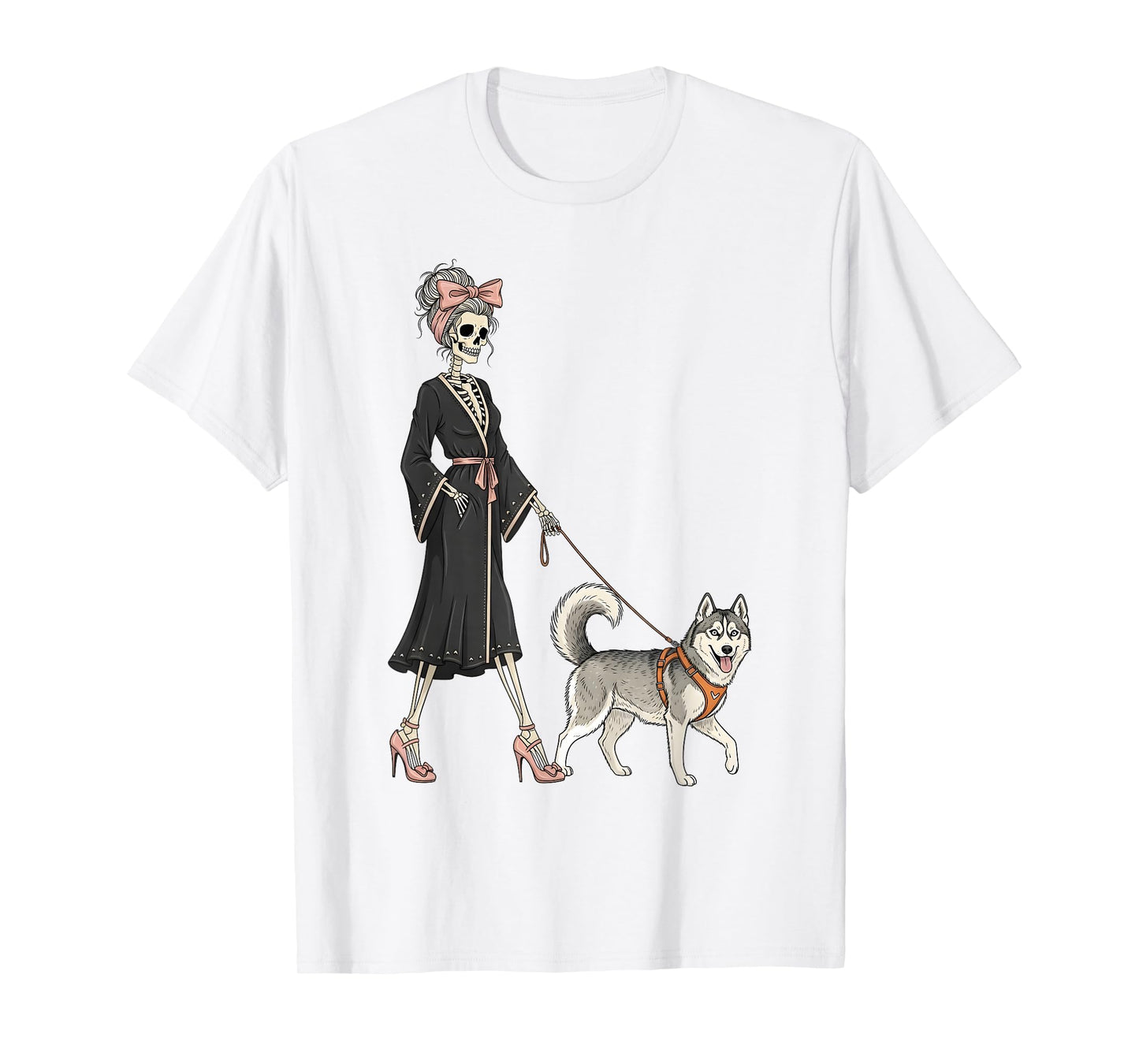 Skeleton Siberian Husky Dog Walking Halloween Women T-Shirt