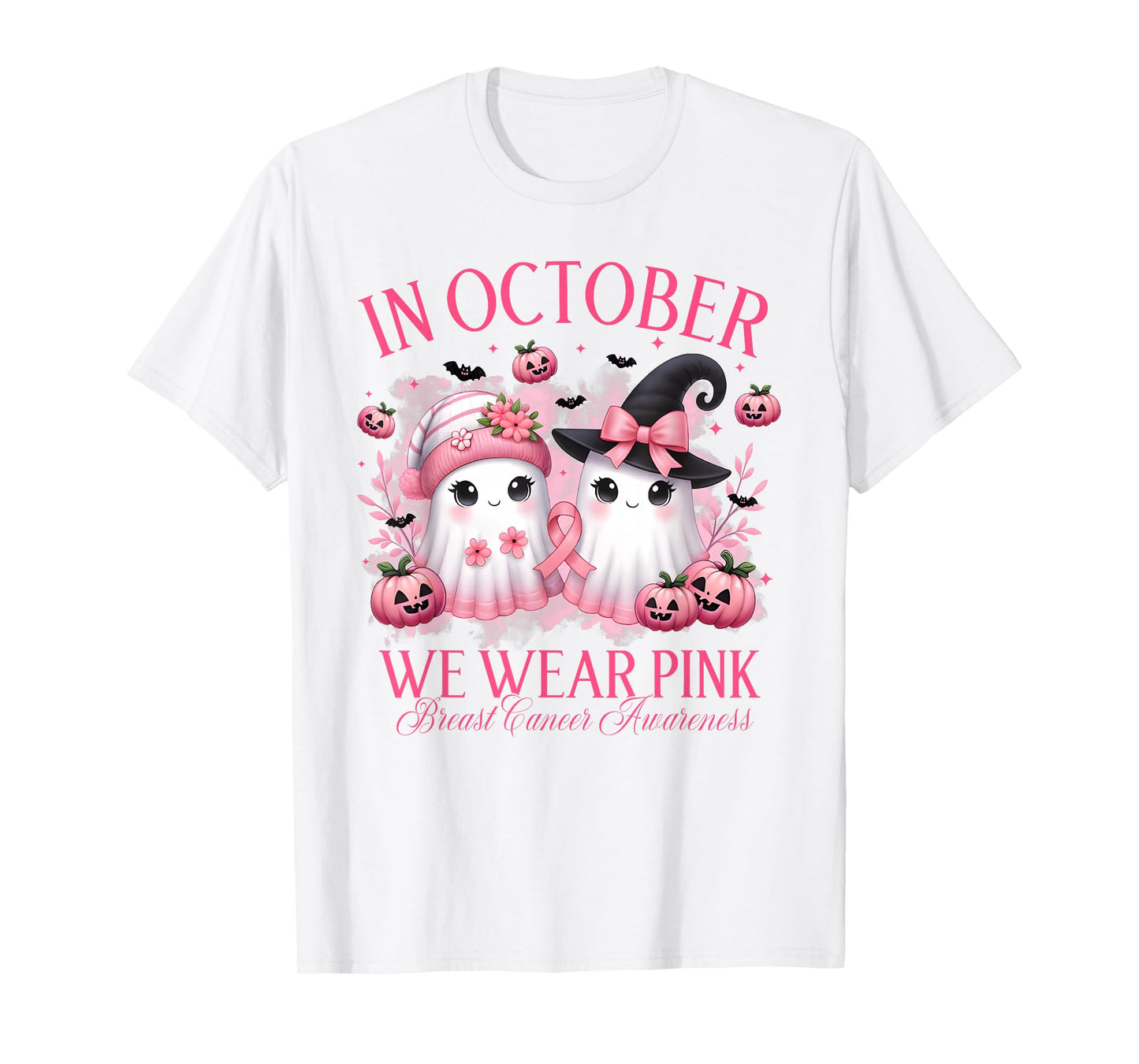 in October We Wear Pink Ghost Witch Breast Cancer Awareness T-Shirt