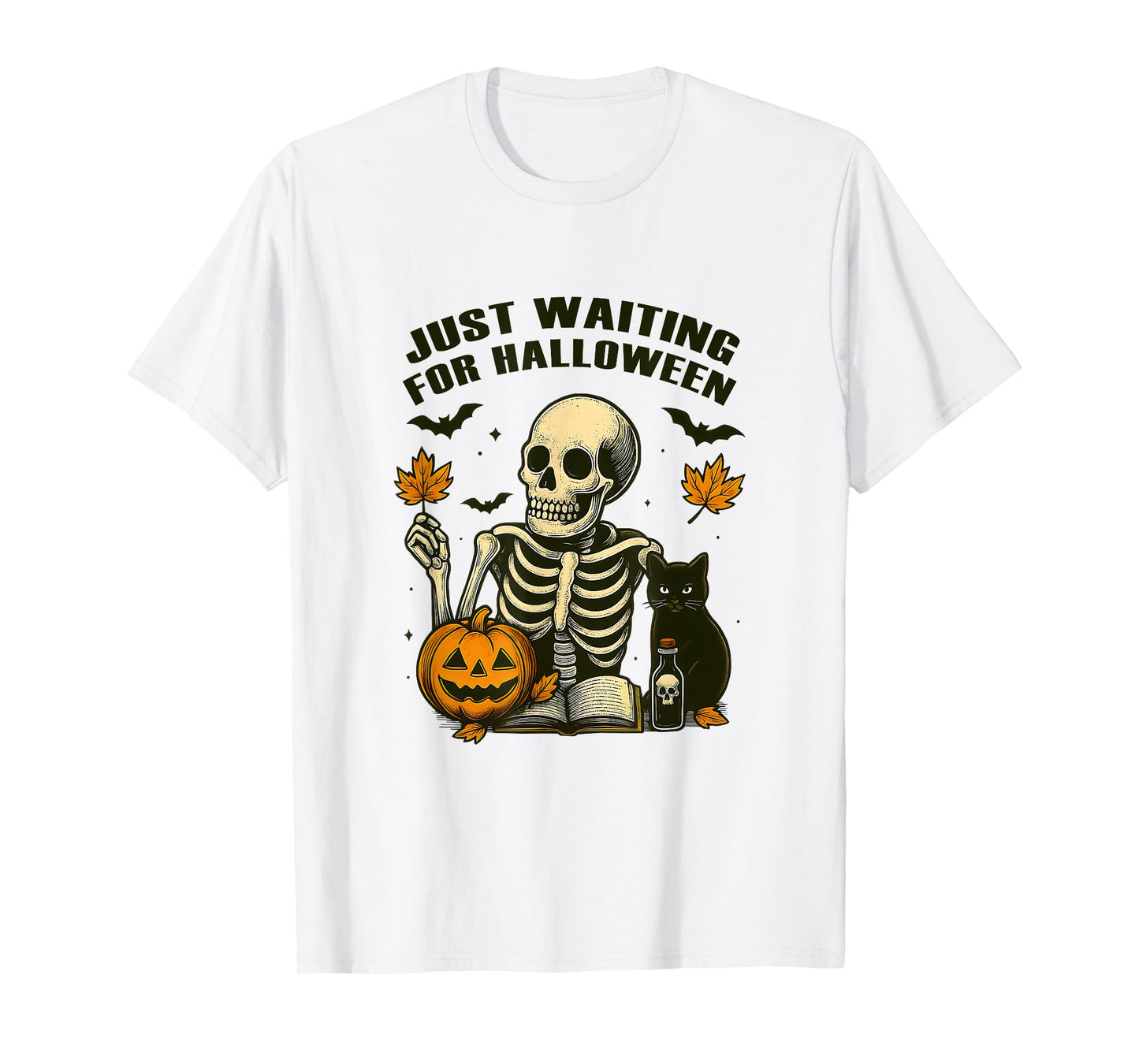 Just Waiting for Halloween Spooky Skeleton Pumpkin with Cat T-Shirt
