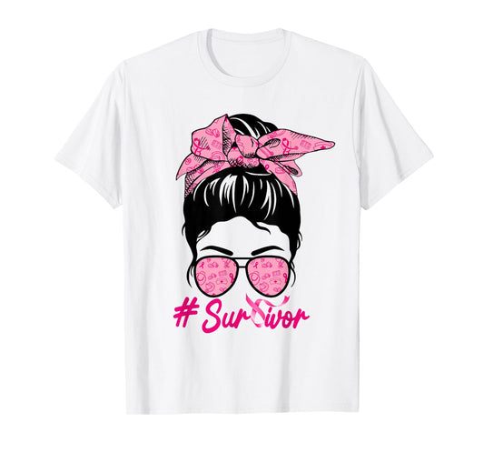 Survivor Messy Bun Pink Breast Cancer Awareness T-Shirt