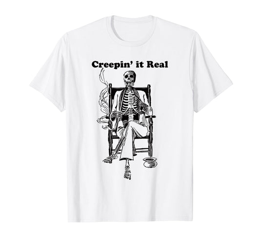 Creeping it Real Vintage Pipe Smoking Halloween Skeleton T-Shirt