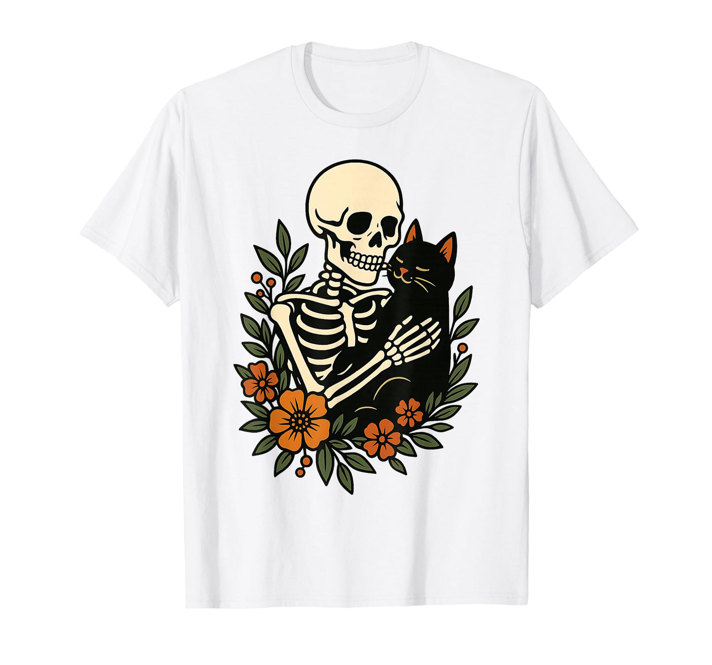 Skeleton Hugging Black Cat Floral Cute Halloween Cat Lover T-Shirt