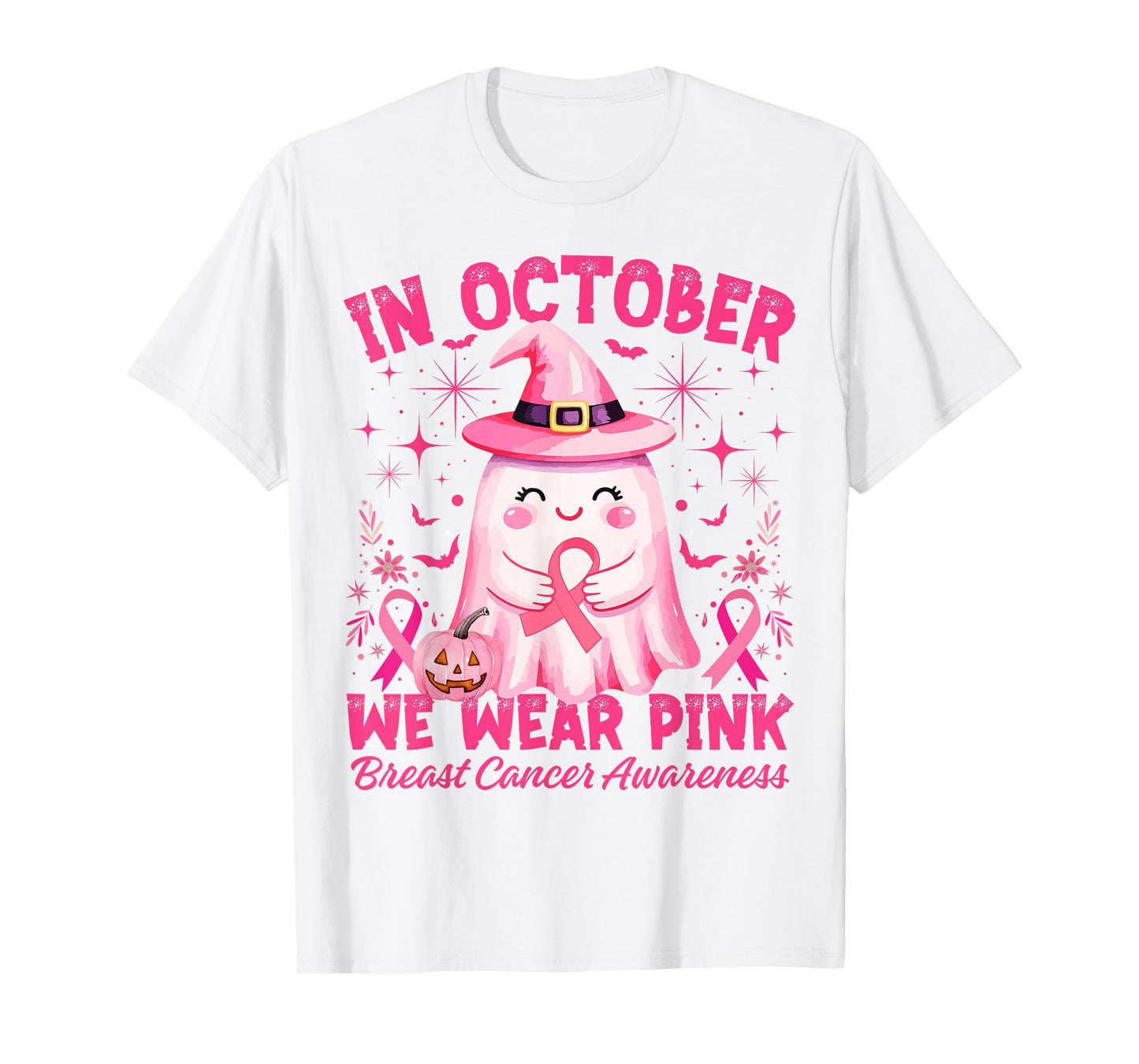 Breast Cancer Women in October We Wear Pink Halloween Ghost T-Shirt