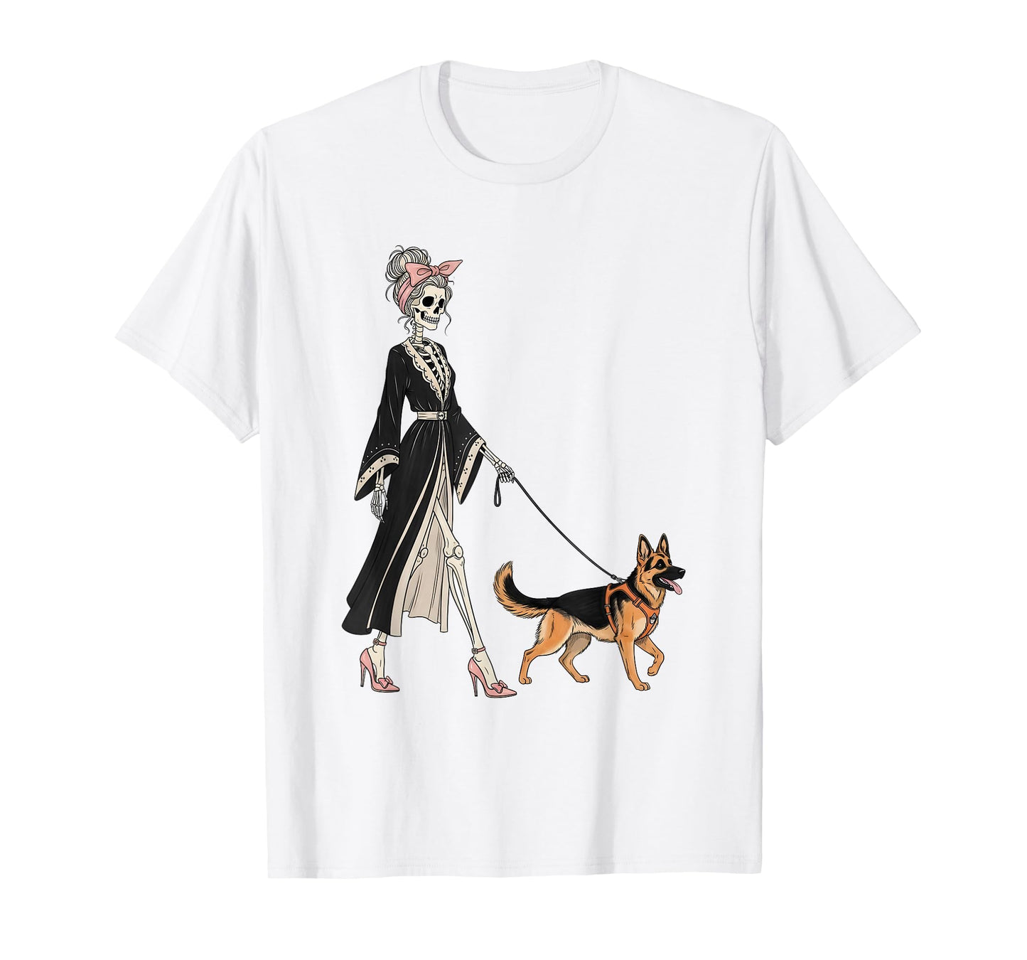 Skeleton German Shepherd Dog Walking Halloween Women T-Shirt