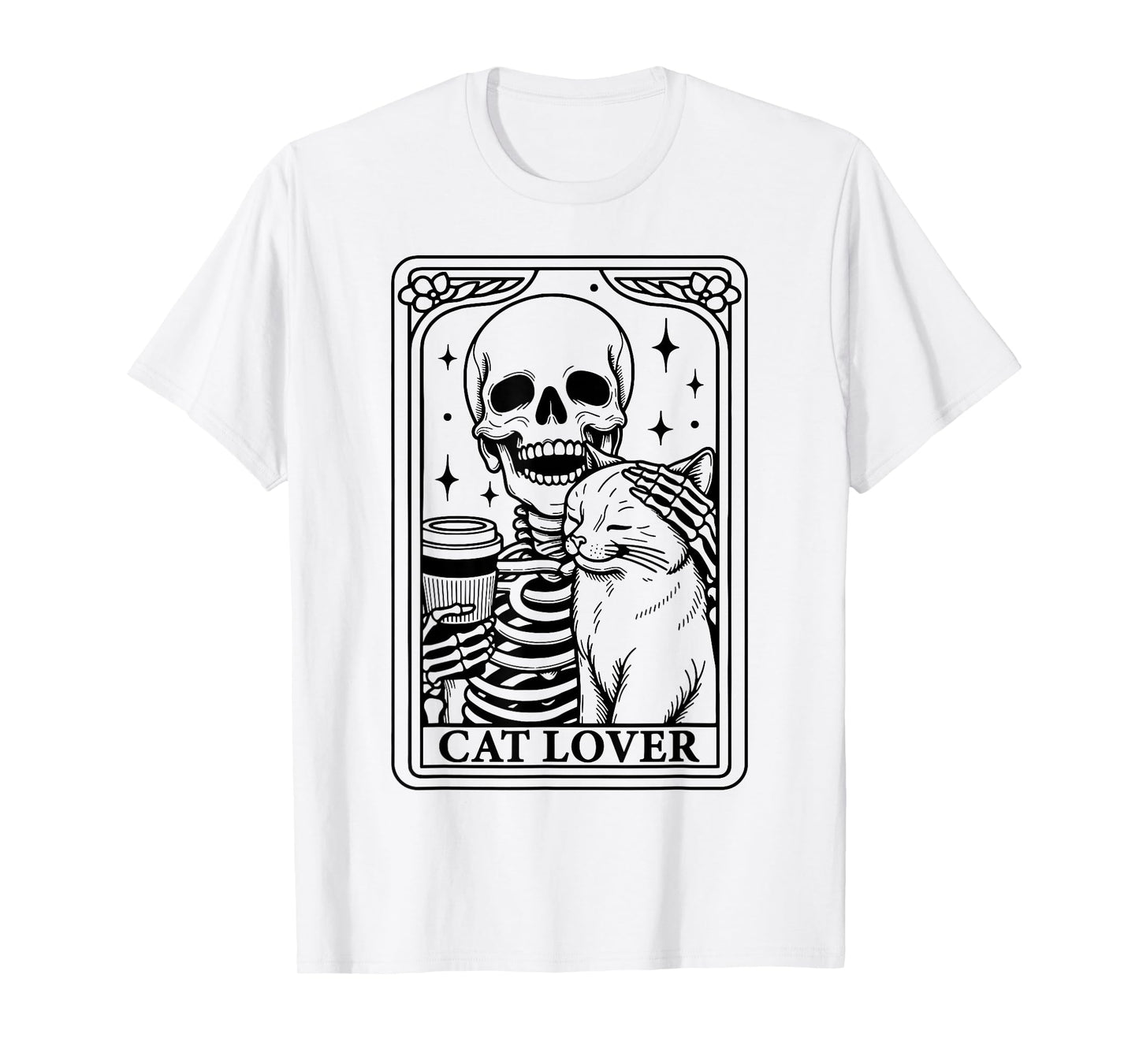 Vintage Skeleton Holding Coffee Cup Pet Cat - Cat Lover T-Shirt