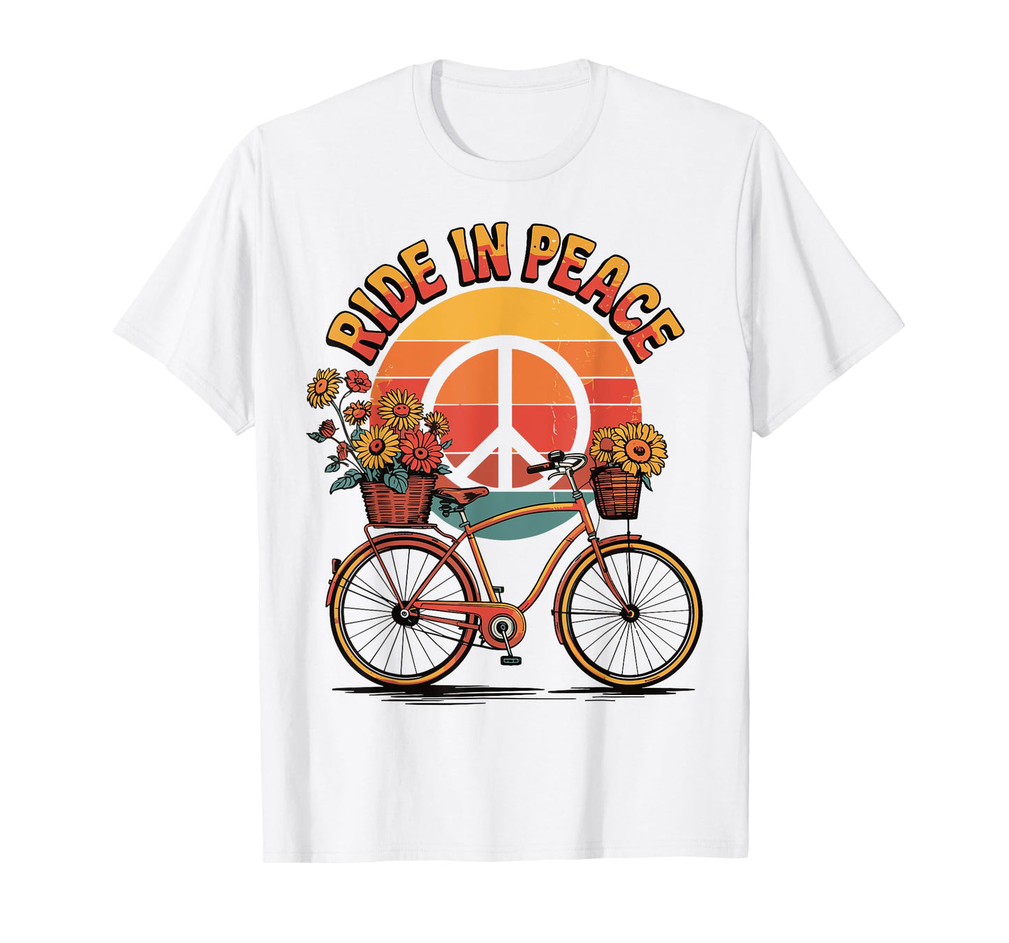 Ride In Peace Bicycle Retro Hippie Floral Sunset T-Shirt
