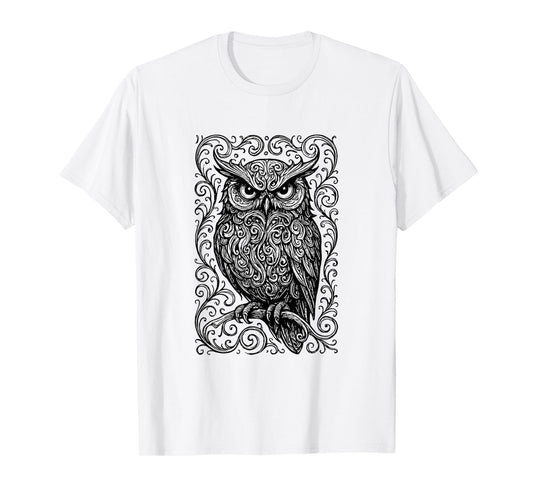 Owl Mystic Ornate Scroll Sketch Drawing T-Shirt